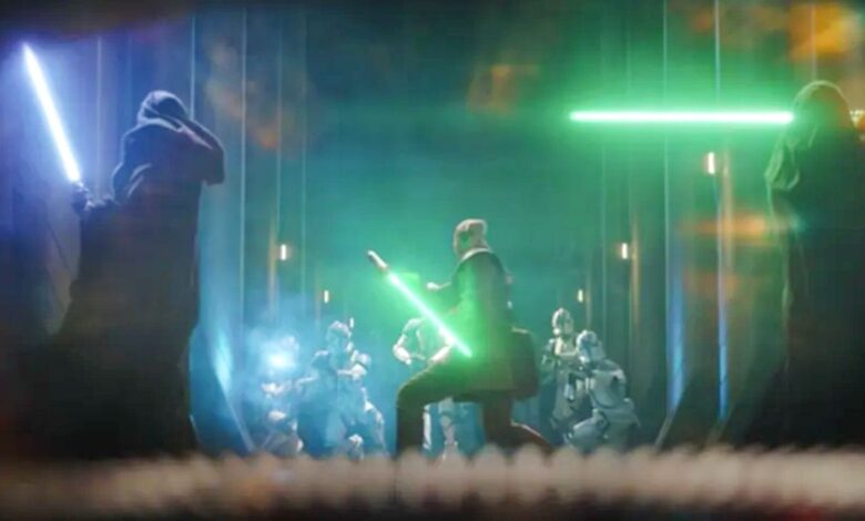 Three Jedi fight clone troopers in The Book of Boba Fett.