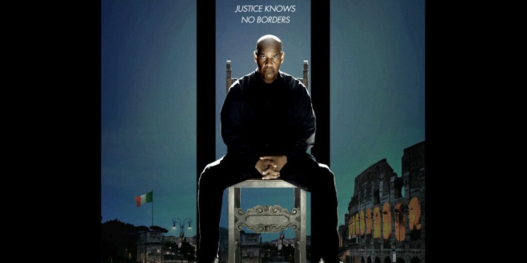 Denzel Washington stares ahead looking serious in the The Equalizer 3 poster.