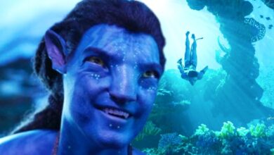 Jake smiling juxtaposed with Lo'ak swimming in Avatar: The Way of Water.