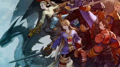 Art showcasing several armed Final Fantasy Tactics characters in front of a large dragon.