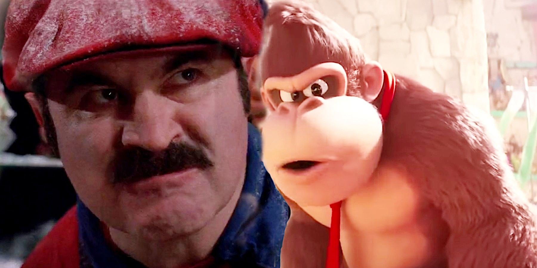 Donkey Kong looking to the side in The Super Mario Bros Movie and original Mario in 1993 Super Mario Bros Movie