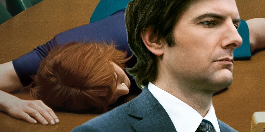 Adam Scott in Front of Woman Sprawled on Table in Severance