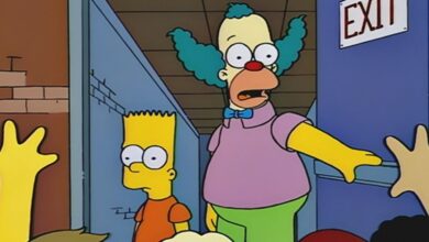 Bart and Krusty in The Simpsons coming out of door in The Simpsons