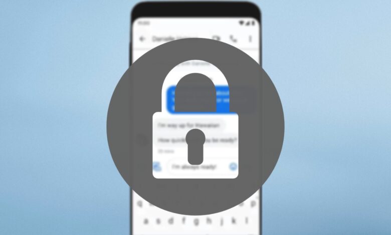 A large lock symbol within a circle obscures a Google Messages chat