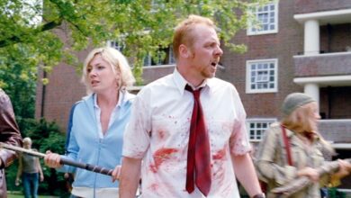 Simon Pegg and Kate Ashfield look bewildered in Shaun of the Dead.