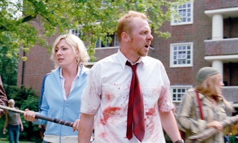 Simon Pegg and Kate Ashfield look bewildered in Shaun of the Dead.
