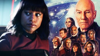 Ashlei Sharpe Chestnut as Sidney La Forge and the cast of Star Trek: Picard season 3