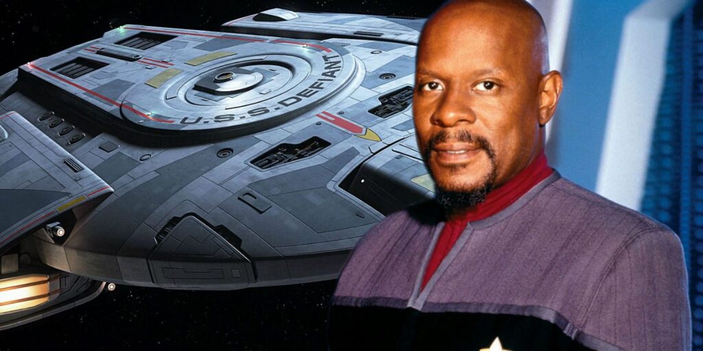 Split image of the USS Defiant and Captain Sisko in Star Trek: Deep Space Nine.