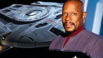 Split image of the USS Defiant and Captain Sisko in Star Trek: Deep Space Nine.