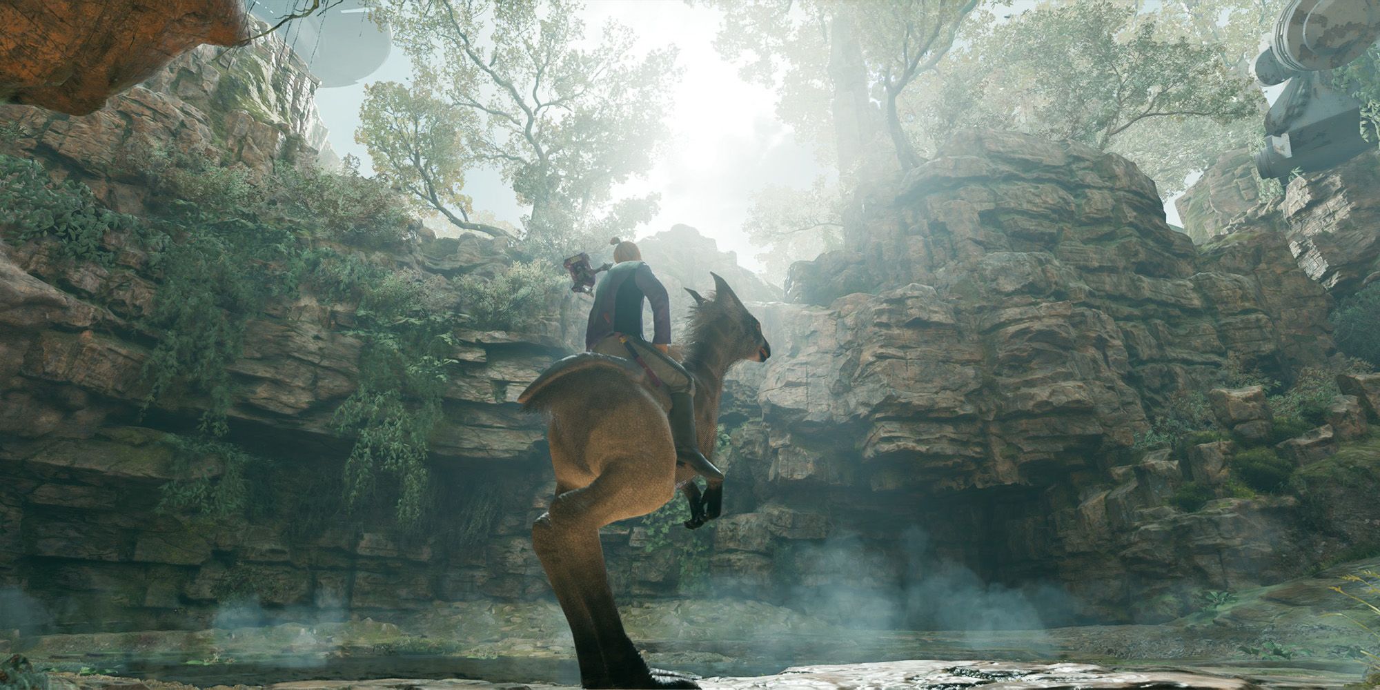 screenshot of cal kestis mounted atop of a nekko creature in star wars jedi survivor