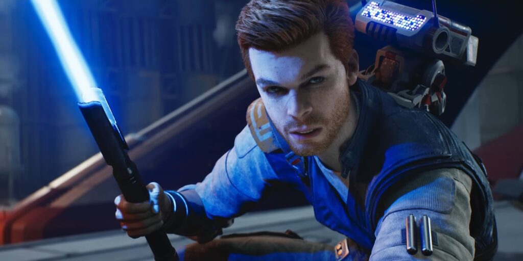 Cal Kestis crouches, lightsaber drawn, to face an unseen enemy with BD-1 perched on his back.