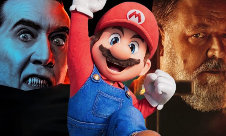 Mario Jumping in Front of Nicolas Cage as Dracula from Renfield and Russell Crowe as The Pope's Exorcist