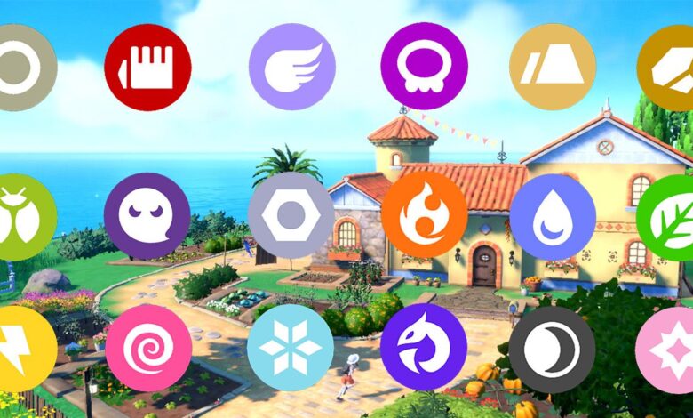 pokemon S&V background overlaid with type icons