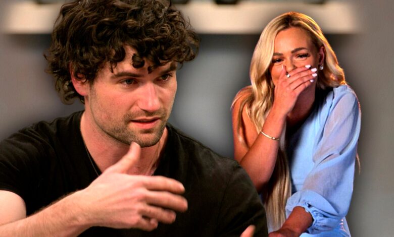 Love Is Blind's Paul Peden and Micah Lussier with her hand over her mouth