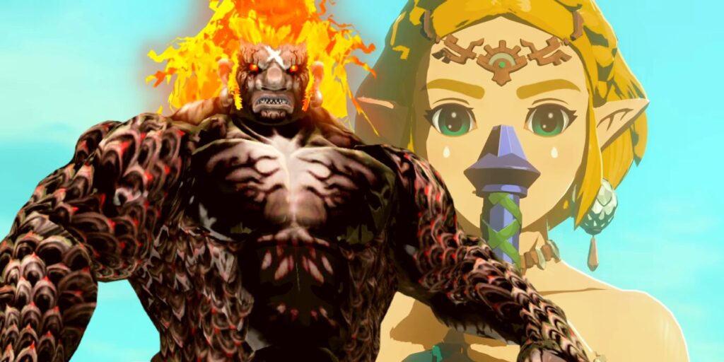 A render of Demise from Skyward Sword set in front of Princess Zelda holding the hilt of the Master Sword in front of her face in Tears of the Kingdom.