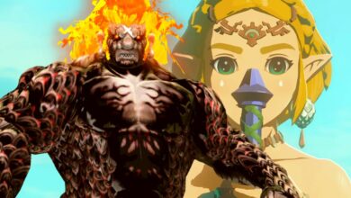 A render of Demise from Skyward Sword set in front of Princess Zelda holding the hilt of the Master Sword in front of her face in Tears of the Kingdom.