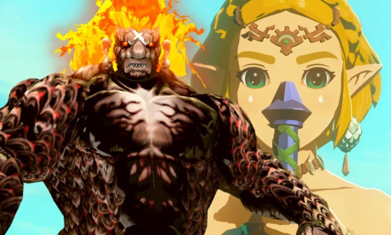 A render of Demise from Skyward Sword set in front of Princess Zelda holding the hilt of the Master Sword in front of her face in Tears of the Kingdom.