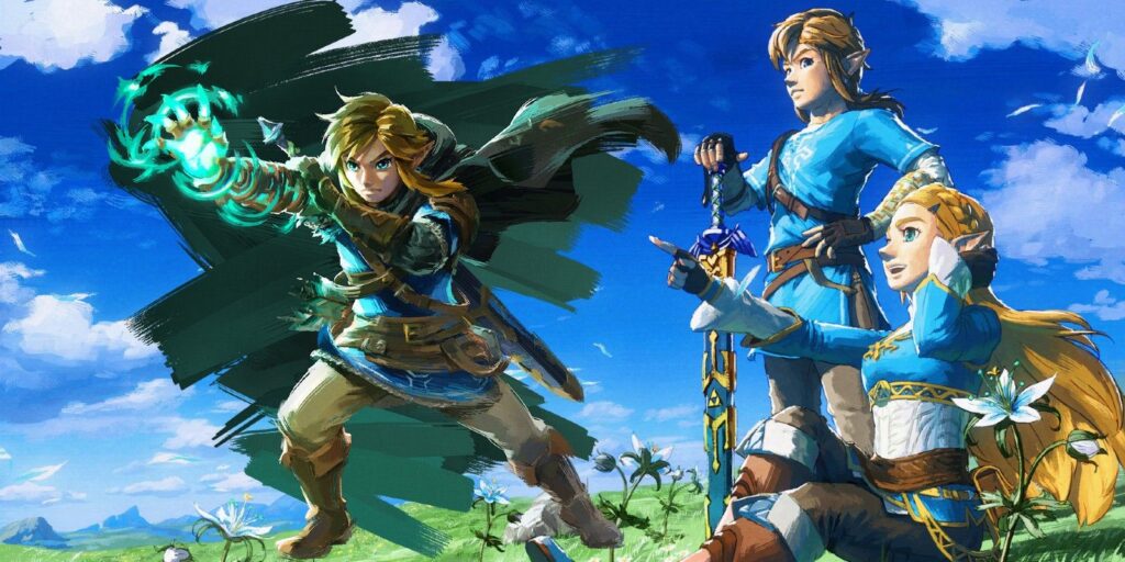 Image of The Legend of Zelda: Tears of the Kingdom's Link against anniversary artwork for Breath of the Wild featuring Link and Zelda.