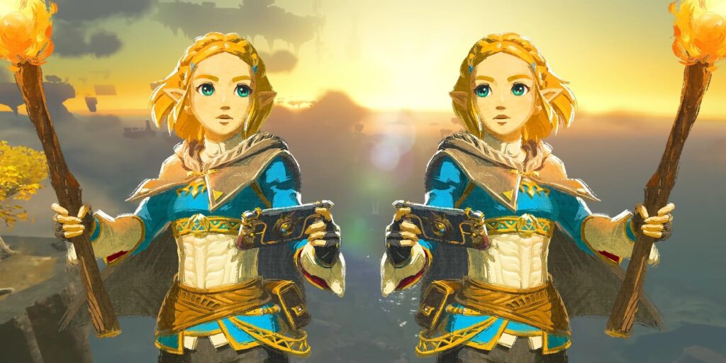 Twin images of The Legend of Zelda: Tears of the Kingdom's Princess Zelda against an image of the Sky Islands.