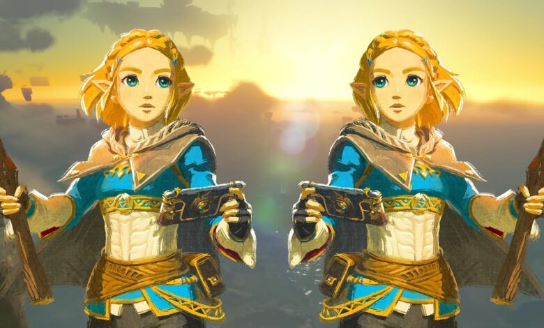 Twin images of The Legend of Zelda: Tears of the Kingdom's Princess Zelda against an image of the Sky Islands.
