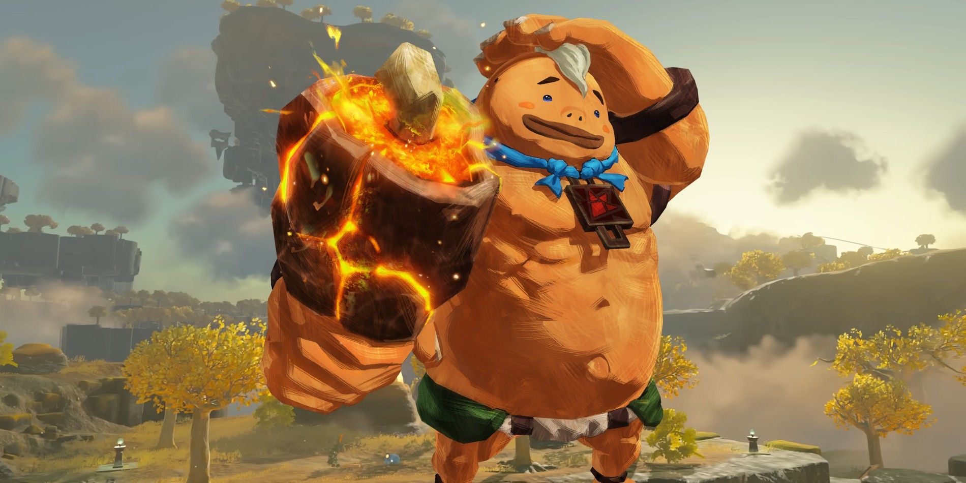 Yunobo the Goron's Age of Calamity artwork in front of a Sky Island from The Legend of Zelda: Tears of the Kingdom​​​​​​​.