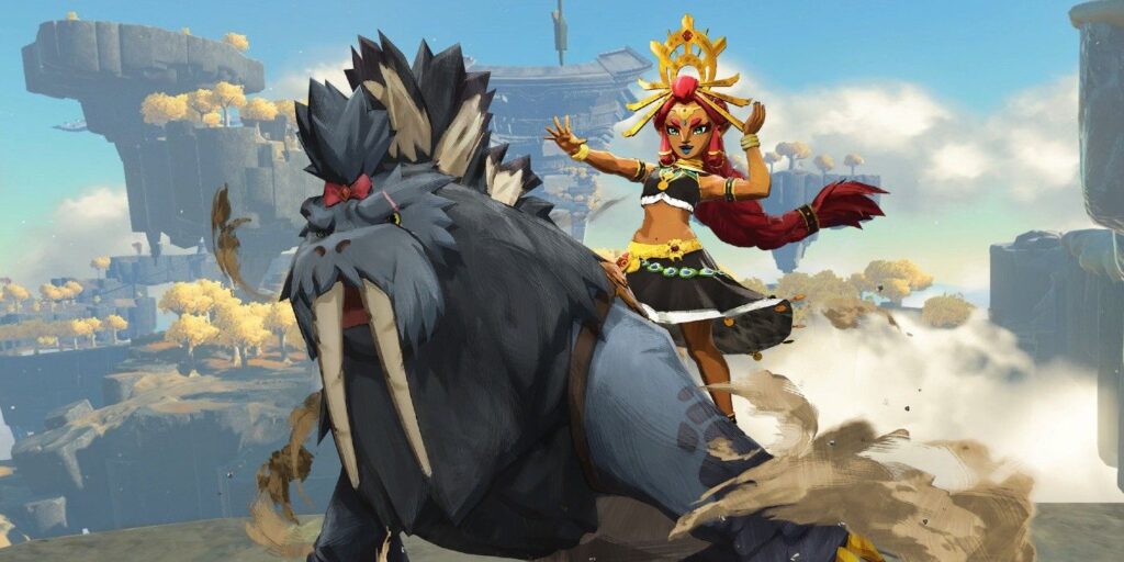 Artwork of Riju and Patricia from The Legend of Zelda: Age of Calamity over an image of a Sky Island from Tears of the Kingdom.