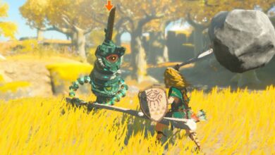 Link swings a boulder-tipped sword at a mechanical construct enemy in a grassy field in The Legend of Zelda: Tears of the Kingdom.