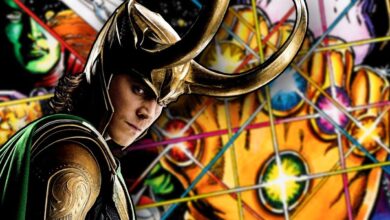 Loki in front of Infinity Gauntlet Cover