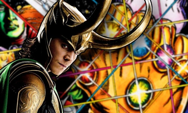 Loki in front of Infinity Gauntlet Cover