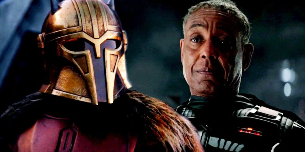 The Armorer on the left and Moff Gideon on the right in The Mandalorian season 3.