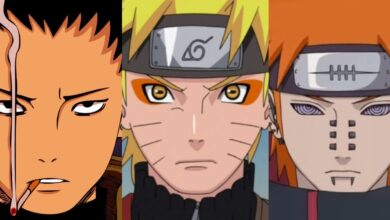 A split image features Shikamaru, Naruto, and Pain in Naruto Shippuden