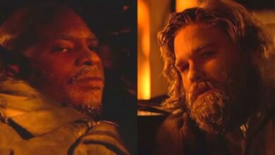 Split image of MacReady and Childs at the end of The Thing