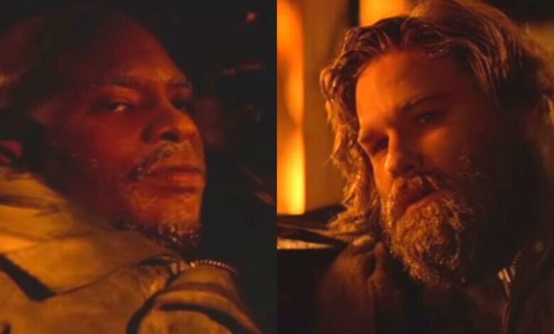 Split image of MacReady and Childs at the end of The Thing
