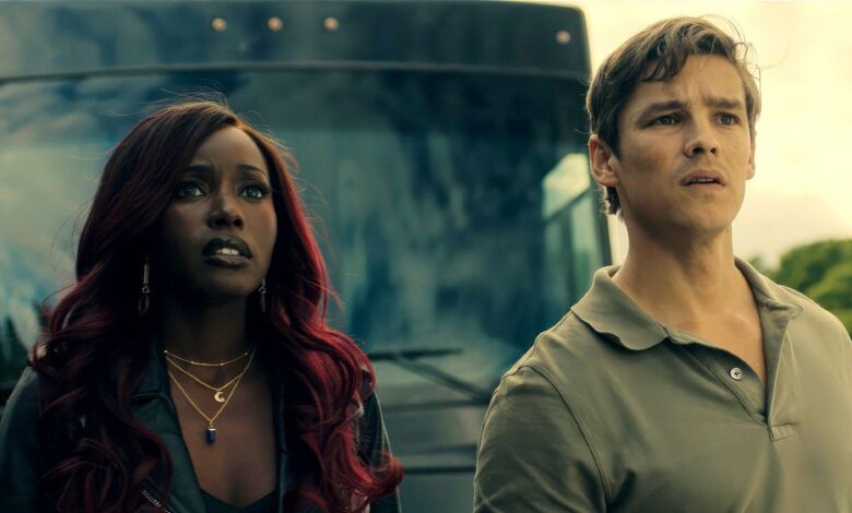 Anna Diop as Kory Starfire and Brenton Thwaites as Dick Nightwing in Titans season 4