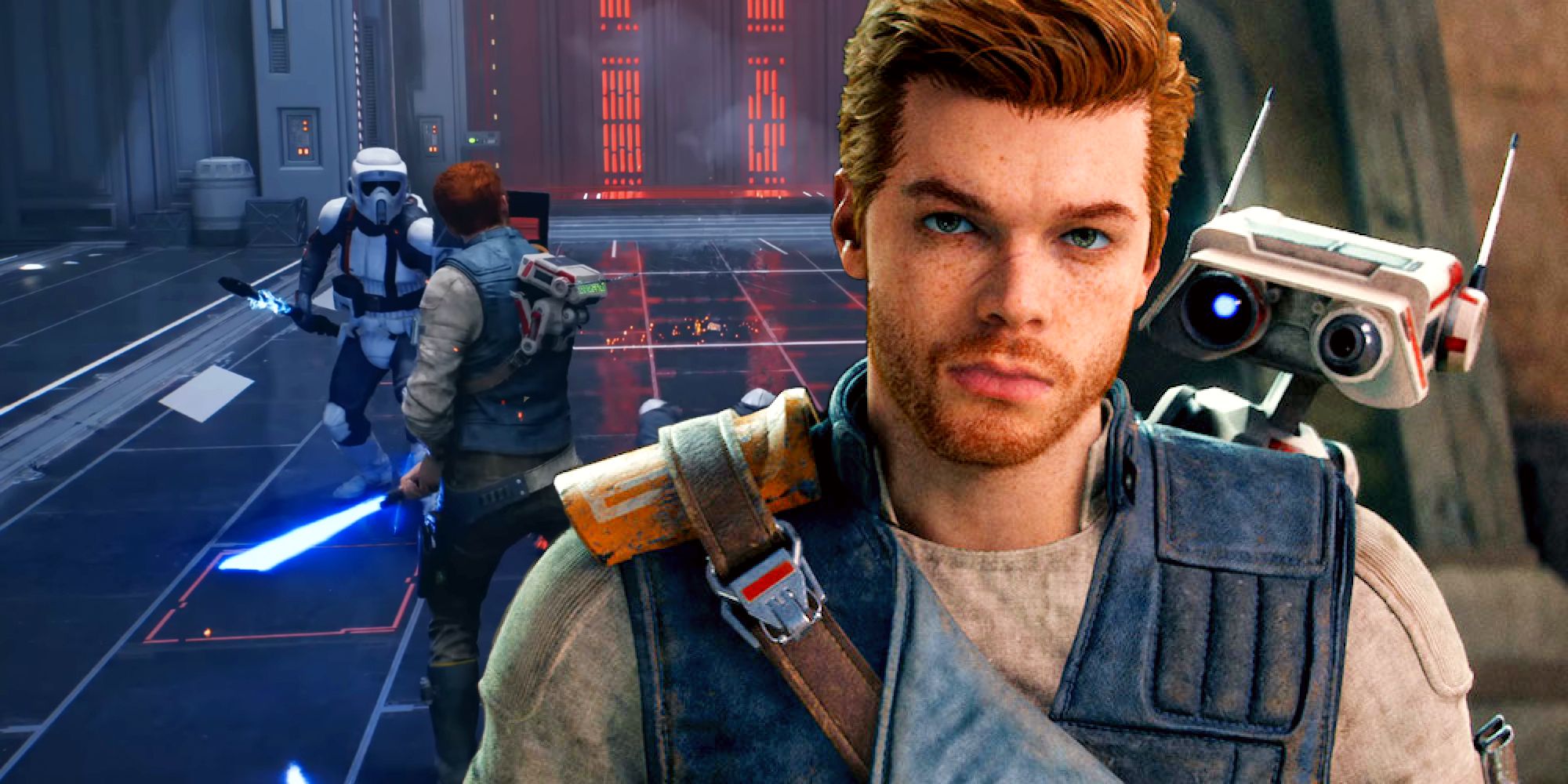 Cal Kestis and BD-1 in front of a gameplay screenshot showing Cal fighting Stormtroopers with his lightsaber.
