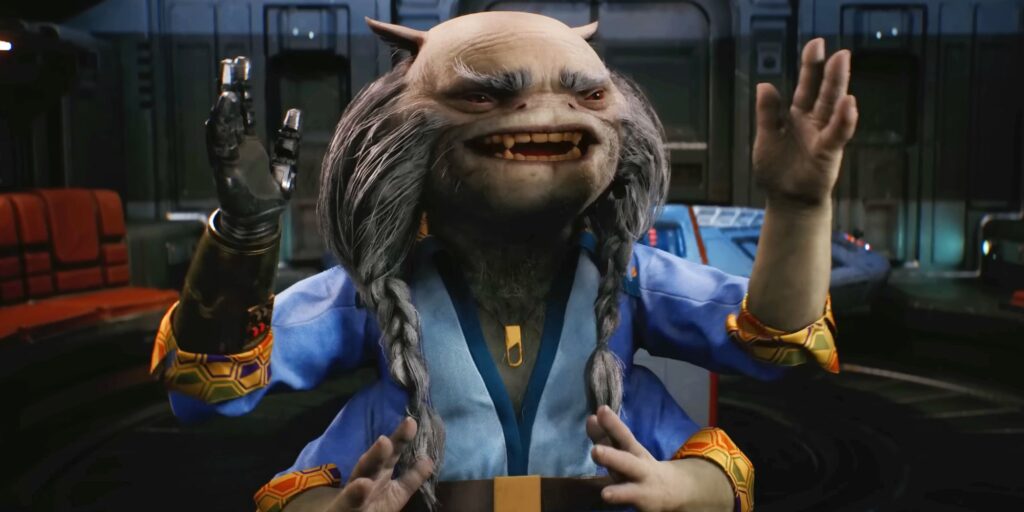 Greez Dritus in Star Wars Jedi: Survivor, smiling with two of his four hands in the air.