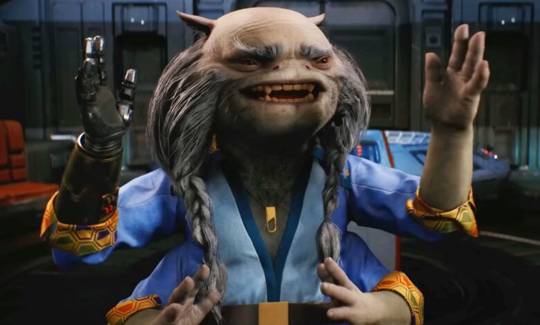 Greez Dritus in Star Wars Jedi: Survivor, smiling with two of his four hands in the air.