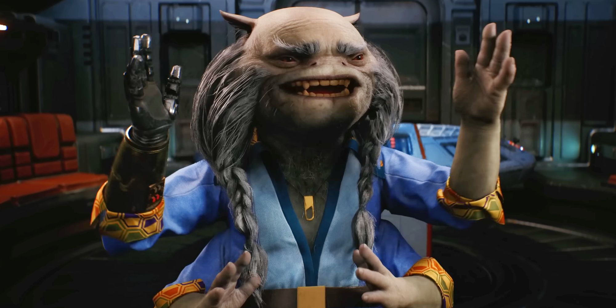 Greez Dritus in Star Wars Jedi: Survivor, smiling with two of his four hands in the air.