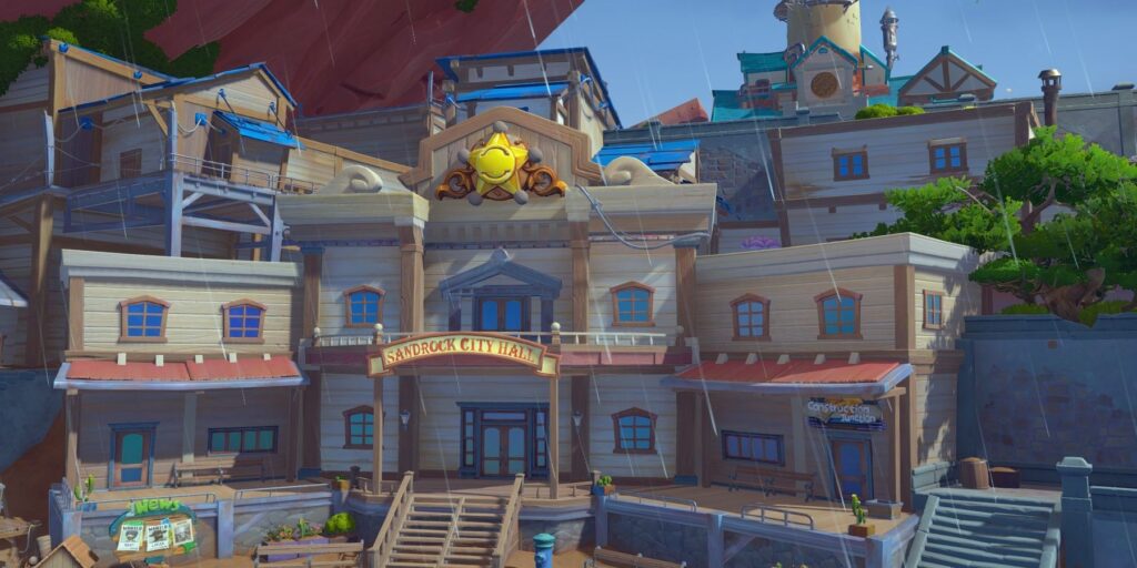 A screenshot of Sandrock City Hall during a light rain in the game My Time At Sandrock.