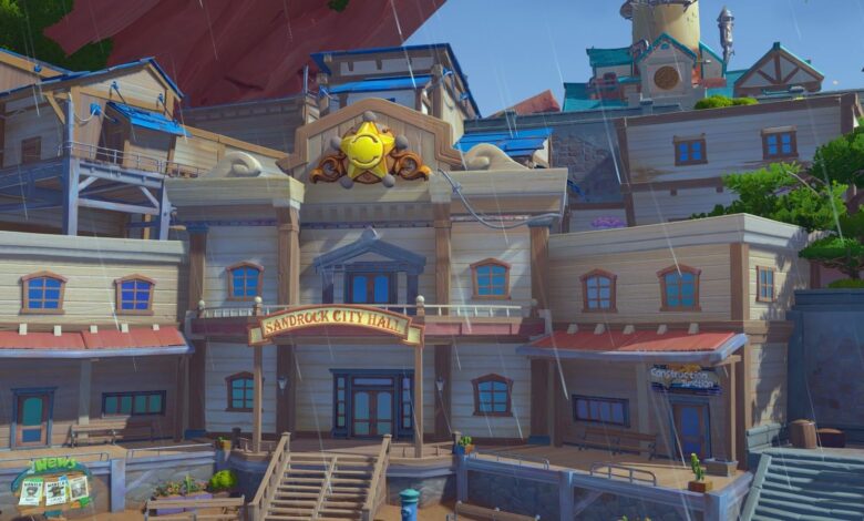 A screenshot of Sandrock City Hall during a light rain in the game My Time At Sandrock.