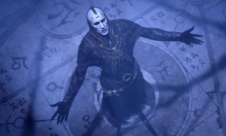 A screenshot from Diablo 4's opening cinematic cutscene, showing a man standing on a floor covered in demonic symbols with his arms spread, looking up.