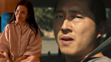 A composite image of Ali Wong and Steven Yeun in Beef