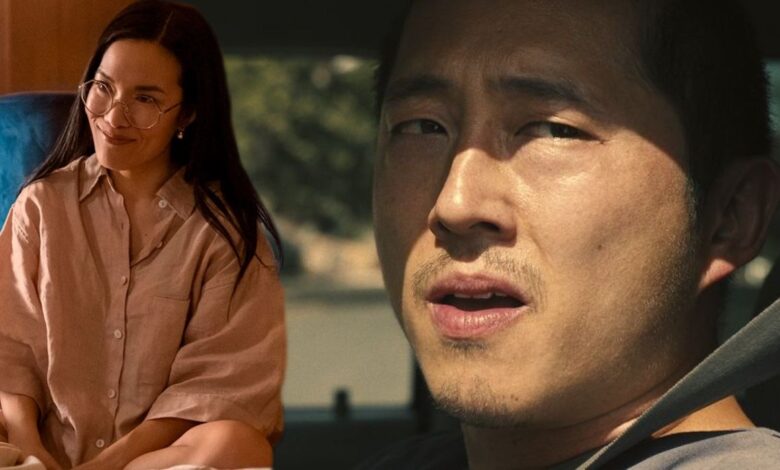 A composite image of Ali Wong and Steven Yeun in Beef