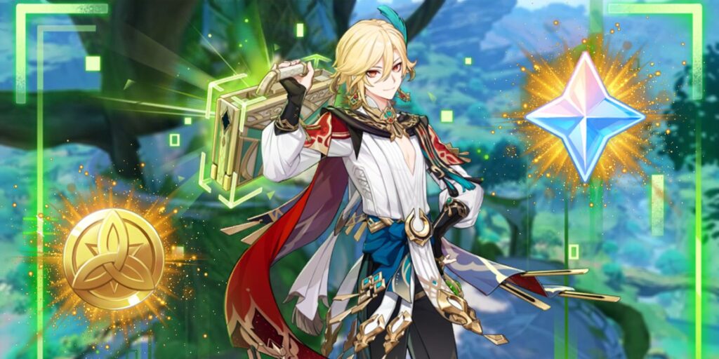 Kaveh from Genshin Impact poses with his toolbox, with a primogem on the right and mora on the left