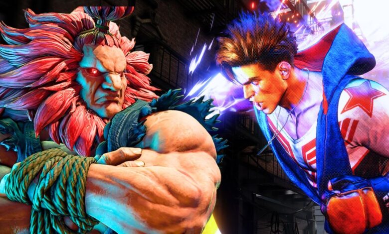An image of Akuma from Street Fighter V transposed over an image of Luke throwing a punch in Street Fighter 6.