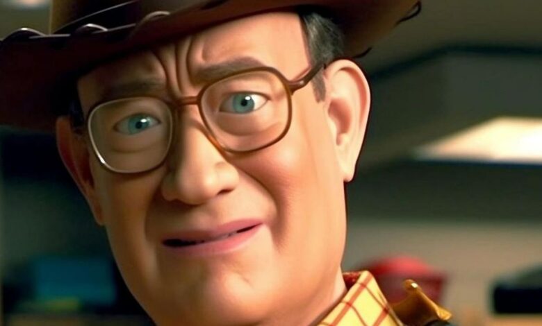 Woody with Tom Hanks face looking scary in AI art