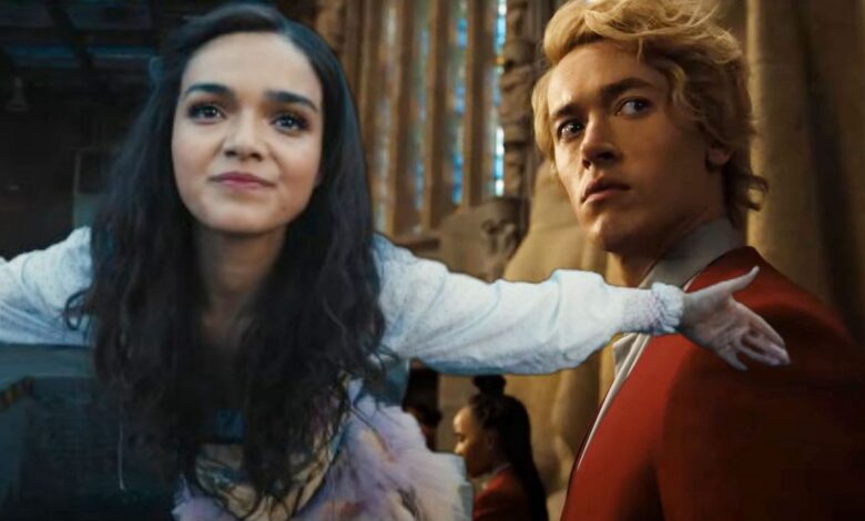 Blended image of Lucy bowing and Coriolanus looking back in The Hunger Games: The Ballads Of Songbirds and Snakes