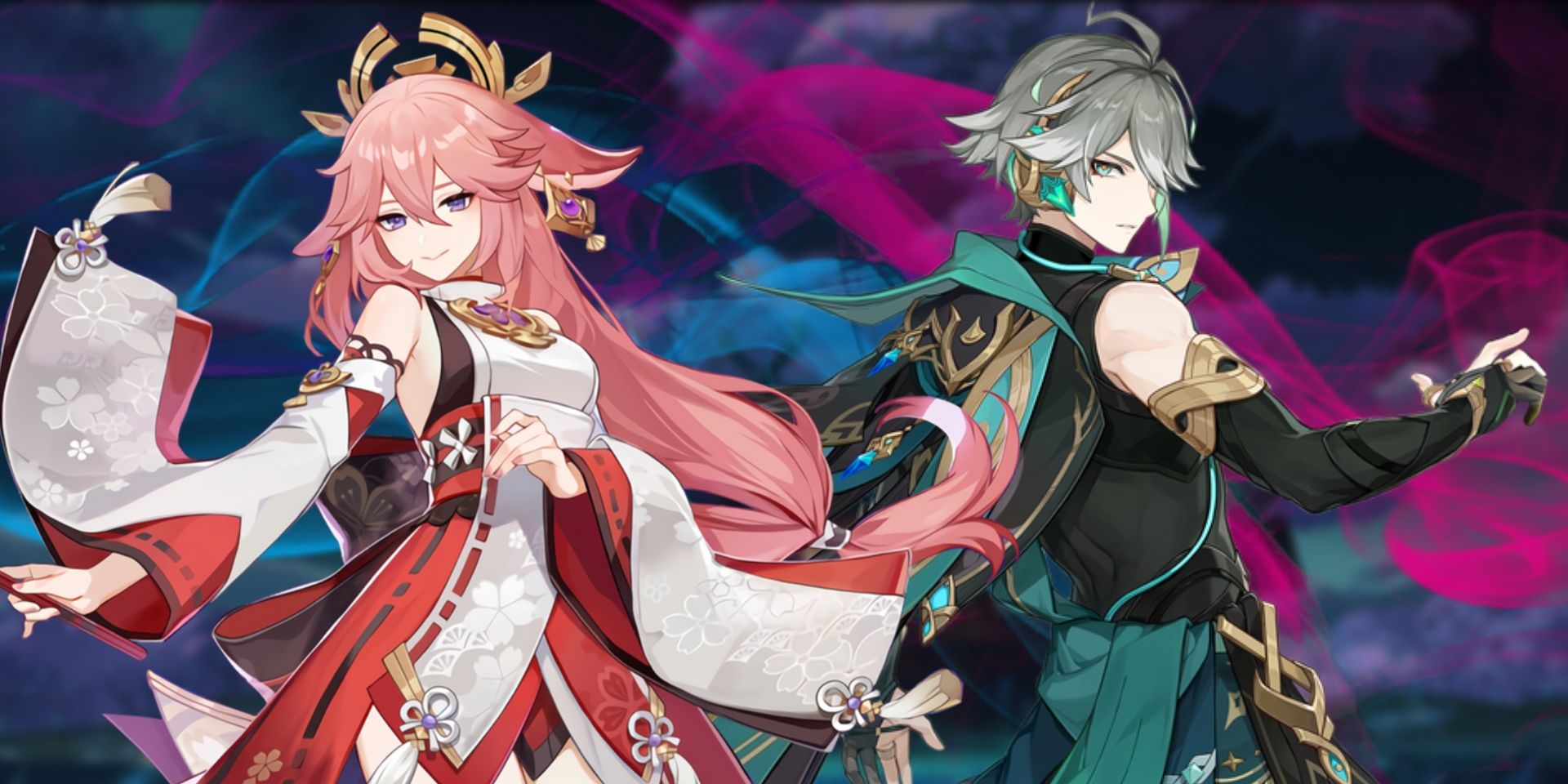 Genshin Impact's Yae Miko on the left and Alhaitham on the right. Behind them is a blue and pink smoke effect.