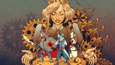 The key art for Trine 5: A Clockwork Conspiracy, showing a crowned woman holding her hands around a clockwork gear, on top of which are three other characters - Amadeus the Wizard, Zoya the Thief, and Pontius the Knight.