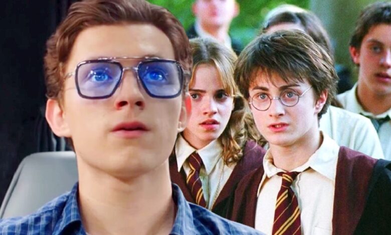 Custom image of Tom Holland in Spider-Man: Far From Home and Daniel Radcliffe and Emma Watson in Harry Potter and the Prisoner of Azkaban.